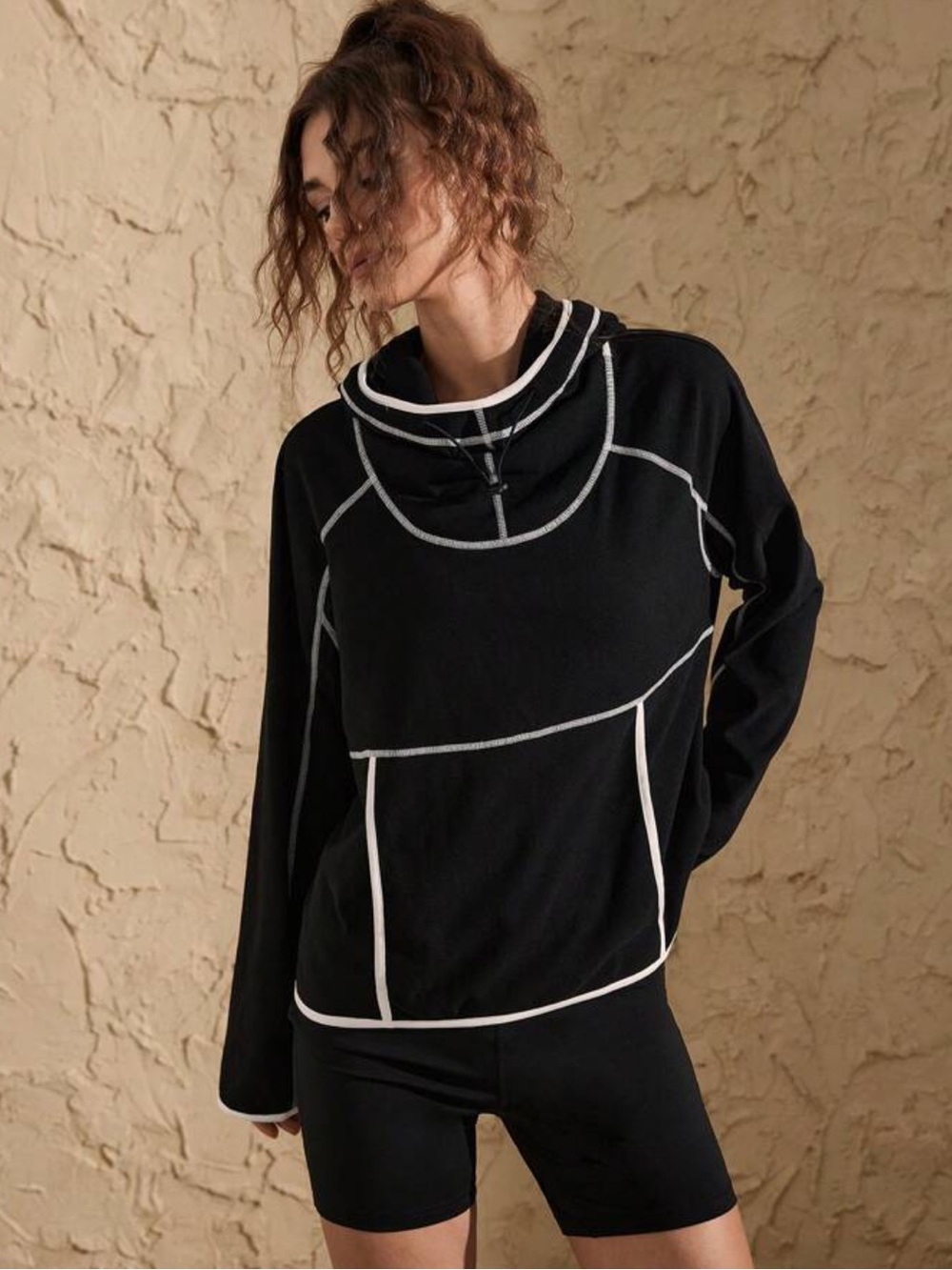 FP Movement by Free People Black Hooded Pullover with White Contrast Trim